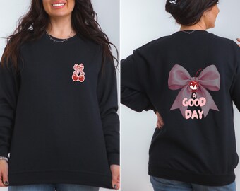 Kawaii Bow Sweatshirt, Pink Ribbon Back Print Sweater, Good Day Aesthetic Crewneck, Cute Bow Soft Girl Pullover