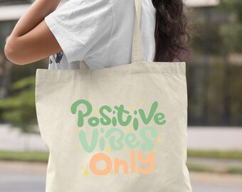 Positive Vibes Only Tote, Cute Retro Motivational Canvas Bag, Daily Inspiring Soft Girl Tote Bag