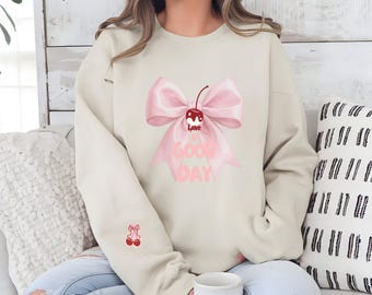 Good Day Bow Sweatshirt, Pink Ribbon Aesthetic Pullover, Kawaii Bow Crewneck, Soft Girl Girly Sweater