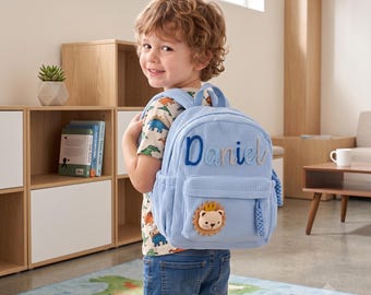 Personalized Toddler Backpack, Custom Name Kids Bag, Lion Applique Preschool Daycare Bag