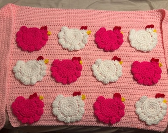 Crochet Egg Gathering Apron with Chicken Pockets in Pink and White