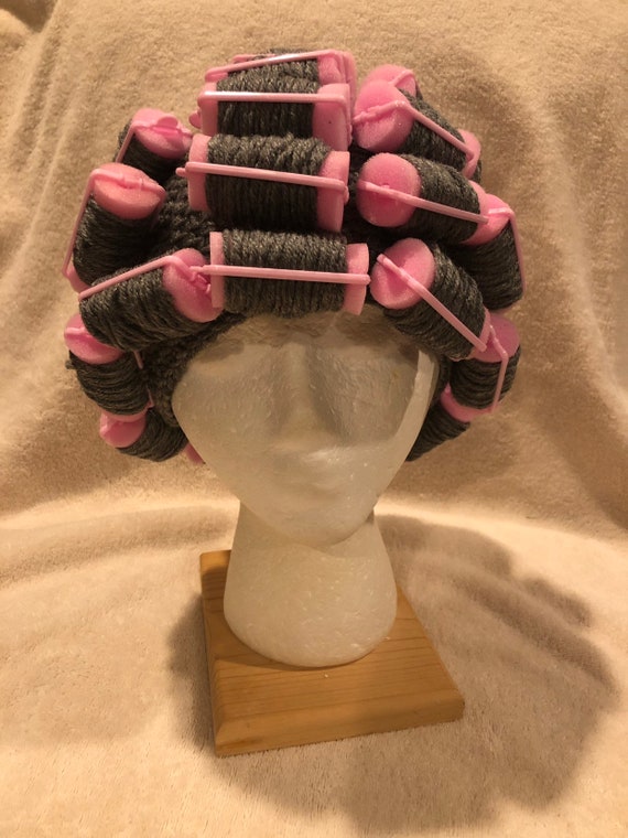 Old Lady Gray Hair In Curler Hat Curler Hat Wig With Foam Etsy