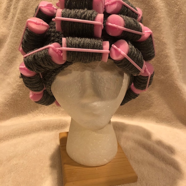 Old Lady Gray Hair in Curler Hat, Curler Hat, Wig With Foam Curlers Available in Multiple Hair Colors