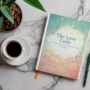 Puede incluir: Un libro titulado "The Love Code" con un diseño celestial, una taza de café, un bolígrafo y una planta en maceta sobre una superficie de mármol. La portada del libro presenta un cielo de ensueño con estrellas y el lema "Desbloquea tu potencial de relación a través de la astrología."