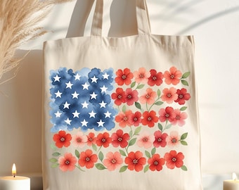 Floral American Flag Tote Bag, Patriotic Wildflower USA Tote, USA 250th Anniversary Tote Bag, Patriotic Floral Tote Bag, America Freedom Bag