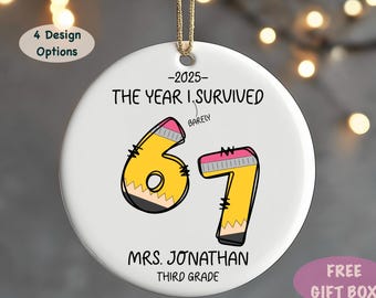 The Year I Survived 67 School Ornament, 4 Design Options, Funny 67 Teacher Ornament, Custom Teacher Name Gift, Cute Classroom Christmas Gift