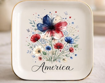 America 1776-2026 Trinket Dish,USA 250th Anniversary Patriotic Jewelry Dish, Floral Ceramic Plate Housewarming Gift, American Commemorative