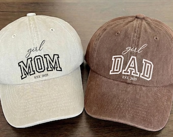 Girl Mom and Dad Cap With Date, Custom Hat, Girl Dad Cap With Date, Vintage Baseball Hat, Dad Est Year, Mother's Day Gift, Father's Day Gift