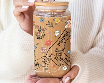 Custom Mom Gift with Kids Name Glass Tumbler, Mothers Day Gift, Iced Coffee Cup, Clear and Frosted Glass Cup with Names
