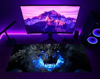 Fantasy Dragon Landscape Gaming Desk Mat, Extended Mouse Pad for Gamers, Dark Dragon Desk Pad, Aesthetic Fantasy Desk Setup Accessory