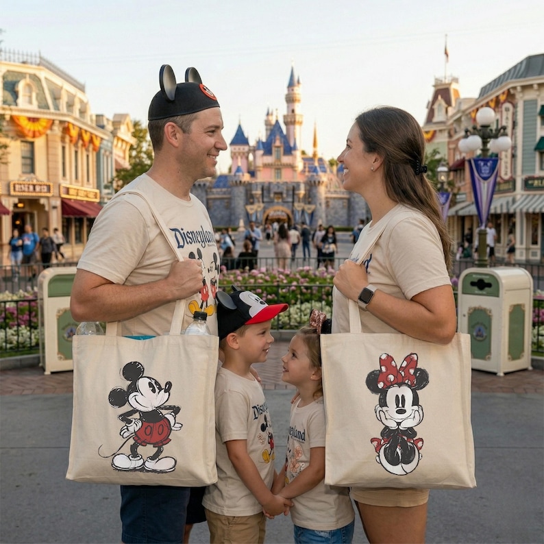 K&ouml;nnte beinhalten: Eine Familie posiert vor einem Schloss, jede Person h&auml;lt eine beigefarbene Tragetasche mit Disney-Charakterdesigns. Die Taschen zeigen Micky und Minnie Maus. Die Familie tr&auml;gt passende Hemden mit dem Disneyland-Logo.