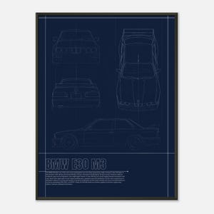 BMW E30 M3 Premium Retro Blueprint Metal framed Poster