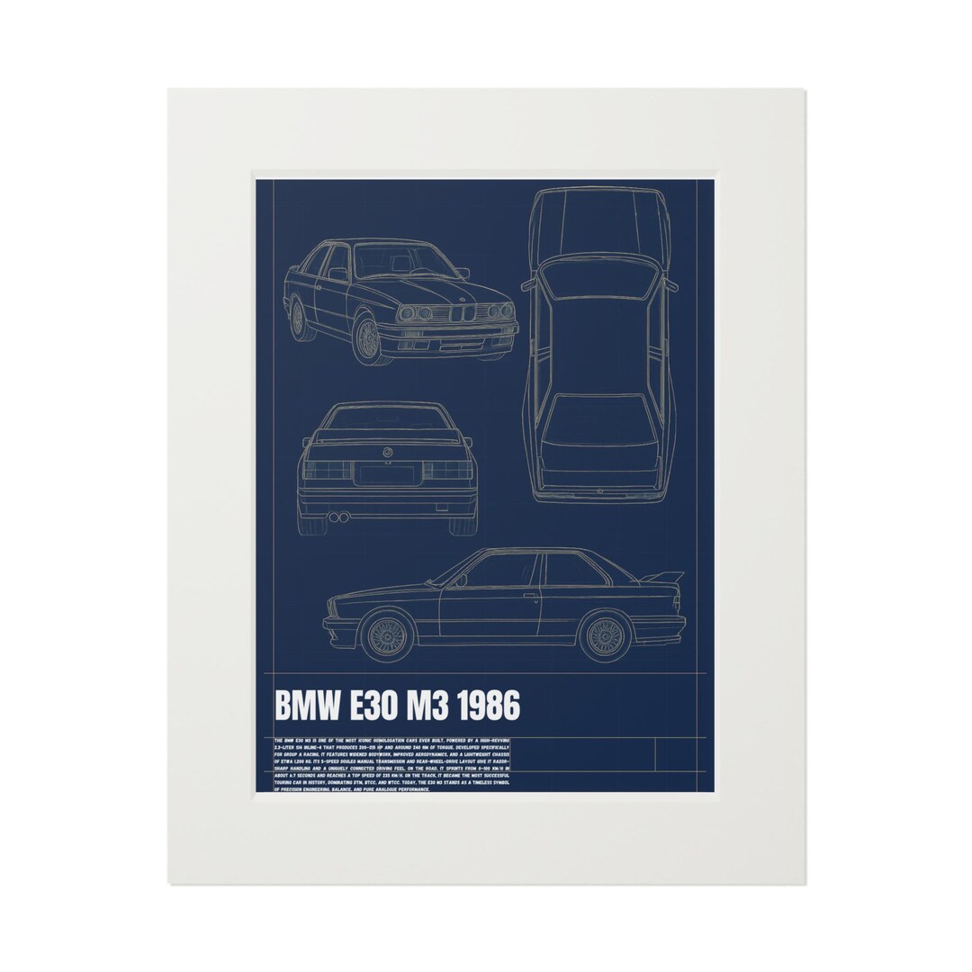 BMW E30 M3 1986 Blueprint Fine Art Print | Passepartout Paper Frame - Etsy