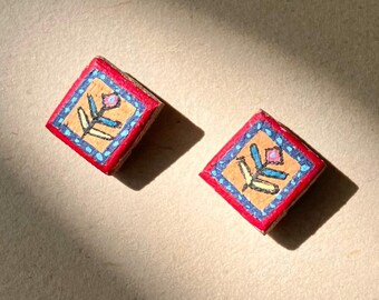 Painted Wooden Rectangle Earrings | Folk Flower Mini Studs | Travel Art