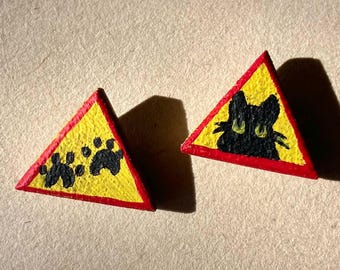 Wooden Triangle Earrings | Hand Painted Black Cat | Miniature Painting Studs | Travel Inspired Art