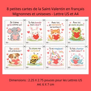 DIGITAL - Valentine's Day cards in French for children – 8 illustrated cards to print | School friendship | US format