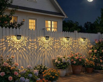 May include: Outdoor scene at night with a full moon and a white picket fence. Solar-powered lights with decorative cutouts are mounted on the fence, casting intricate patterns. Colorful flowers in pots line the wooden deck.
