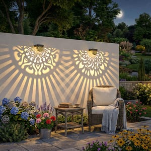 May include: Outdoor scene featuring two wall-mounted solar lights casting intricate patterns of light. A wicker chair with a cushion and blanket sits near a small table. Colorful flowers and lush greenery surround the patio setting, illuminated by the moon.