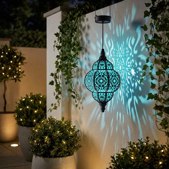 Hanging Solar Lantern for Outdoor Garden Decoration, Moroccan Style Blue Waterproof Plastic Solar Light