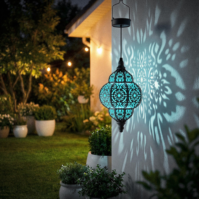 Hanging Solar Lantern for Outdoor Garden Decoration, Moroccan Style Blue Waterproof Plastic Solar Light
