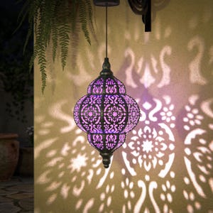 Hanging Solar Lantern for Outdoor Garden Decoration, Moroccan Style Blue Waterproof Plastic Solar Light Purple