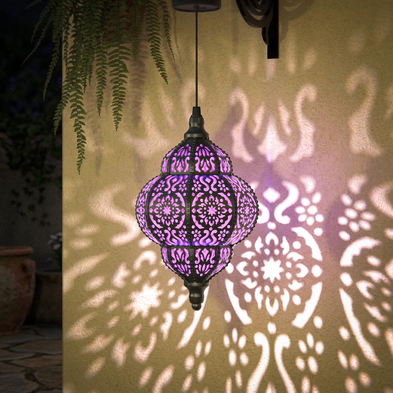 Hanging Solar Lantern for Outdoor Garden Decoration, Moroccan Style Blue Waterproof Plastic Solar Light Purple