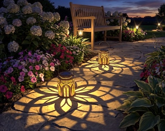 Metal Solar-Powered Lantern, Openwork Garden Decoration, Waterproof Chandelier, Minimalist Geometric Design（2-pack）