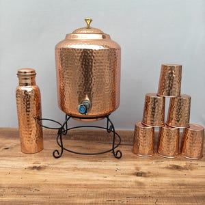 8L Hammered Copper Water Dispenser Set with Stand, 6 Glasses & 2 Bottles | Pure Copper Kitchen Decor | Ayurvedic Health Gift