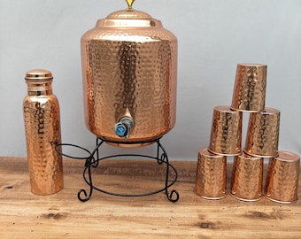 8L Hammered Copper Water Dispenser Set with Stand, 6 Glasses & 2 Bottles | Pure Copper Kitchen Decor | Ayurvedic Health Gift