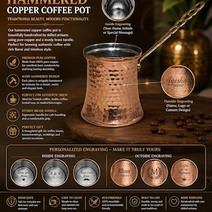May include: A hammered copper coffee pot with a brass handle. The pot features a metallic finish and is shown with examples of personalized engravings including names, initials, and phrases like Love You Mom, A & R 12.05.2024, Best Dad Ever, Khan, M, and Coffee is my Therapy.