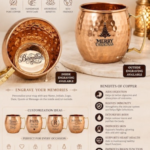 Può includere: Una tazza in rame martellato con finitura metallica e manico. La tazza presenta un grafico di un albero di Natale con il testo Merry Christmas all'esterno e la parola Bismillah incisa sulla base interna di una seconda tazza.