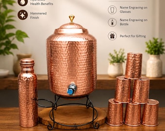 Copper Water Dispenser Set 8L with Stand, 6 Personalized Glasses & Bottle, Hammered Drinkware, Wedding Gift