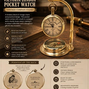 Op de afbeelding: Een zakhorloge van messing met een witte wijzerplaat met Romeinse cijfers en de tekst Victoria London 1876, hangend aan een gebogen messing standaard boven een rond kompas. De achterkant toont opties voor een persoonlijke gravure.