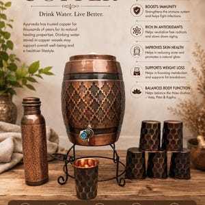 May include: A copper water dispenser barrel with a spigot on a black metal stand, accompanied by a matching copper water bottle and six copper tumblers. The image features text detailing the health benefits of copper and its Ayurvedic properties.