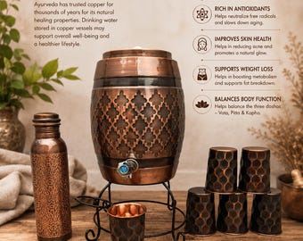 Copper Water Dispenser Set 5L & 8L with Stand and 6 Copper Glasses, Hammered Copper Drinkware, Ayurvedic Water Pot, Housewarming Gift