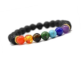 Pierre de lave 7 chakras - Bracelet diffuseur d'huiles essentielles - Cristal de guérison