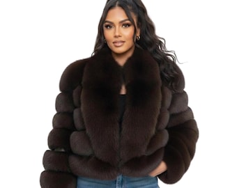 Handmade Dark Brown Fox Fur Jacket, Women's Winter Coat