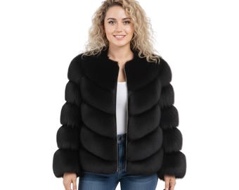 Black Fox Fur Zip-Up Jacket, Women's Luxury Winter Outerwear
