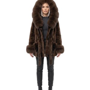 Women's Brown Alcantara Coat, Real Fox Fur Hooded Jacket, Luxury Winter Outerwear