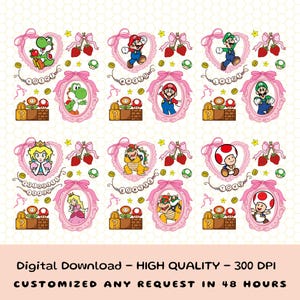Puede incluir: Una descarga digital con varios personajes de la serie de videojuegos Super Mario. El diseño incluye personajes como Mario, Luigi, Yoshi y la Princesa Peach, enmarcados en corazones rosas y marcos ovalados. El texto dice "Digital Download - HIGH QUALITY - 300 DPI".