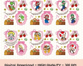 Coquette Bows Super Mario PNG Bundle, Coquette Mario Strawberries Png, Yoshi Mario Princess Beach Mini Bowser Toad Luigi, Digital Download