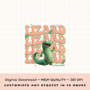 May include: A digital graphic featuring a green lizard with a friendly expression, positioned in front of the word "LIZARD" repeated four times in orange. The image includes the text "TOM LIZARD" and additional text at the bottom.