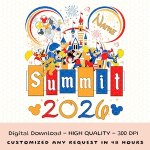 May include: A colorful graphic design featuring Disney characters, a castle, fireworks, and the word "Summit" above "2026". The design includes Mickey Mouse, Donald Duck, and Goofy. The text "Name" is also included.