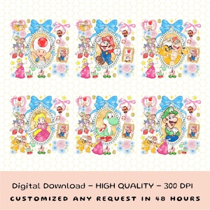 Puede incluir: Descarga digital con seis retratos ovalados de personajes de Super Mario, cada uno enmarcado con un lazo azul. Los retratos incluyen a Toad, Mario, Bowser, Peach, Yoshi y Luigi, rodeados de ilustraciones florales y de personajes.