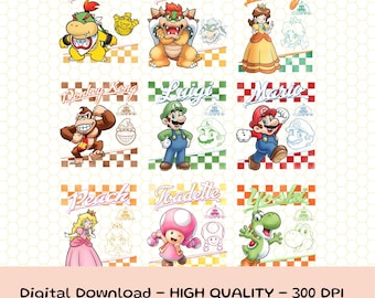 Personaliza todos los personajes de Super Mario Retro (PNG), viaje familiar de vacaciones a juego de Nintendo World (PNG), regalos de cumpleaños de Super Mario