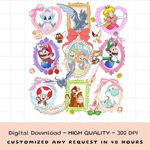 May include: A digital download featuring various cartoon characters in ornate frames. The image includes characters from Super Mario, How to Train Your Dragon, and other animated series. The text at the bottom reads "Digital Download - HIGH QUALITY - 300 DPI CUSTOMIZED ANY REQUEST IN 48 HOURS."