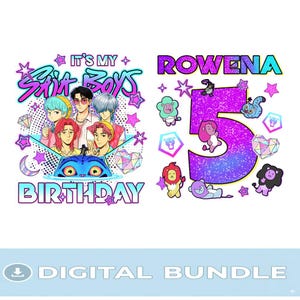 Puede incluir: Un paquete digital con dos diseños. Uno dice "It's My Saita Boys Birthday" con personajes de estilo anime. El otro dice "Rowena 5" con animales de dibujos animados y estrellas. Los diseños son de colores brillantes.