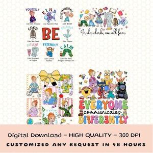 May include: A digital download graphic featuring colorful illustrations and text. The design includes the words "YOURSELF," "KIND," and "ADVENTUROUS," along with other positive affirmations. The bottom text reads "EVERYONE communicates DIFFERENTLY."