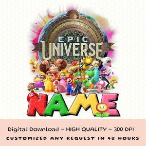 Op de afbeelding: Een digitale afbeelding met de tekst "EPIC UNIVERSE" boven een verzameling stripfiguren. Daaronder staat het woord "NAME" in kleurrijke 3D-letters. De afbeelding bevat de tekst "Digital Download - HIGH QUALITY - 300 DPI".
