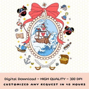 Könnte beinhalten: Digitaler Download mit Piraten-Thema. Das zentrale Bild ist ein ovaler Rahmen mit einem Schiff, das auf stürmischer See segelt. Das Design umfasst Piraten-Icons wie eine Schatzkiste, gekreuzte Schwerter und einen Kompass.